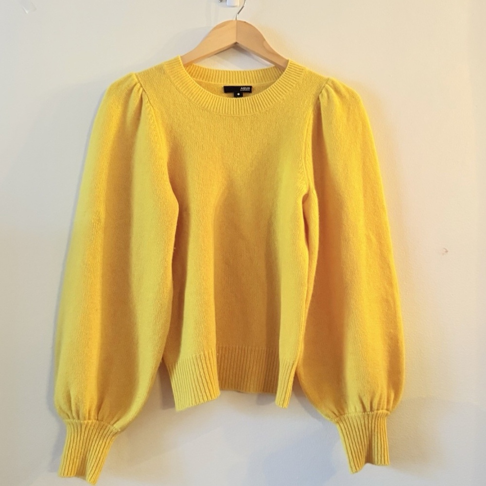Aqua Women’s Cashmere Top Puff Balloon Long Sleeve Crew Neck Pullover Yellow-XS
